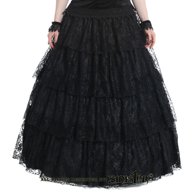 Sinister Gothic Plus Size Black 4 Tier Lace & Satin Long Layered Skirt ...