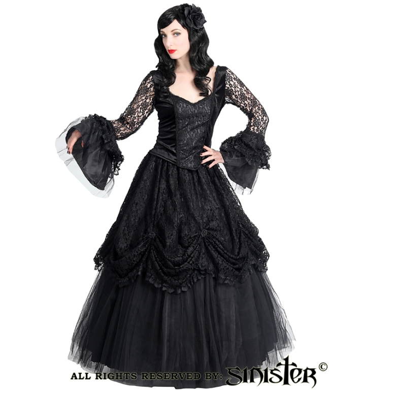 Sinister Gothic Plus Size Black Satin Tulle & Lace Long Renaissance ...