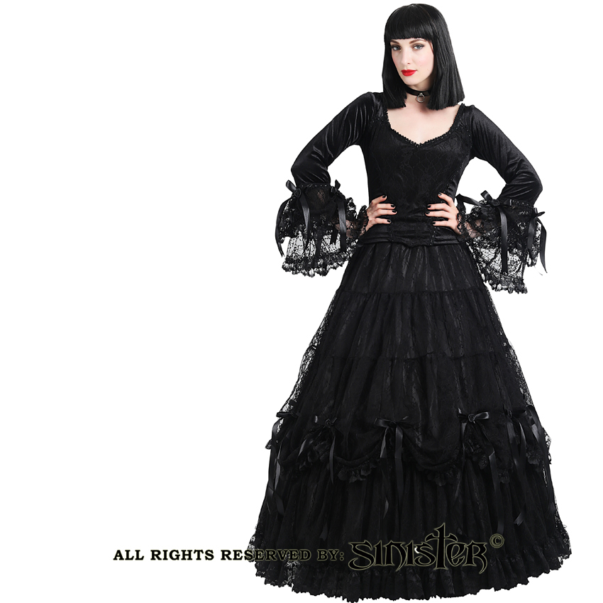 Sinister Gothic Plus Size Black Tiered Lace Satin Rosettes & Bows Long ...