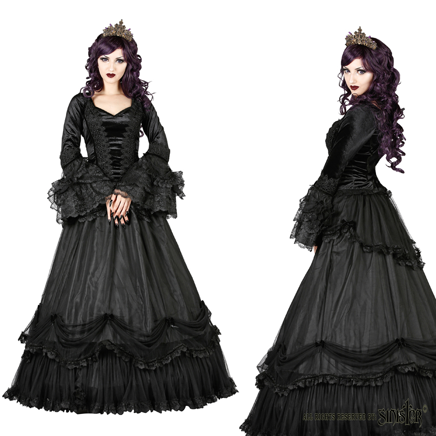 Sinister Gothic Plus Size Black Tiered Satin & Ruffled Mesh Velvet Bows Long Skirt