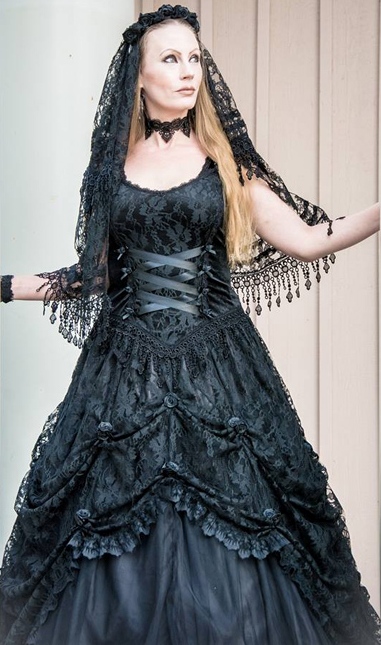 Sinister Gothic Plus Size Black Satin Lace & Tulle w Rosettes Long ...