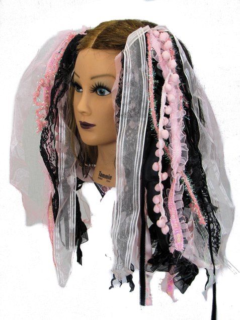 Baby Pink & Black Gothic Ribbon Hair Falls by Dreadful Falls - Click Image to Close