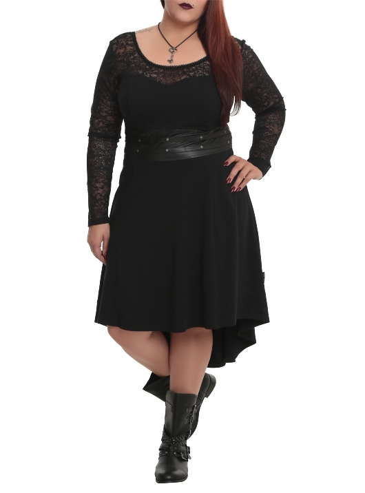 Tripp Plus Size Gothic Black Faux Leather and Lace Hi Lo Dress