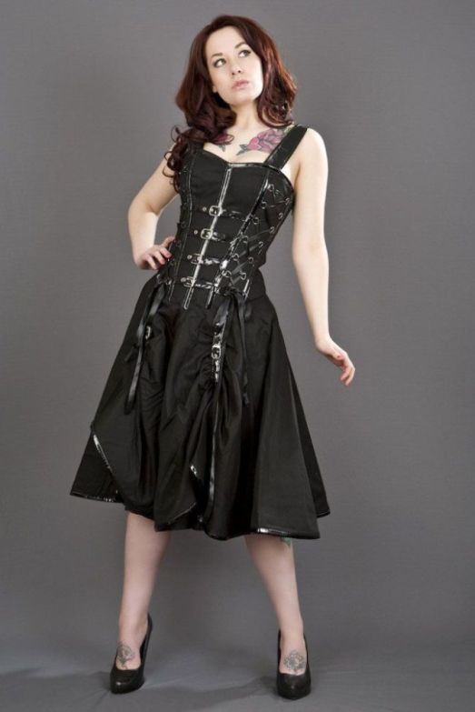 Burleska Plus Size Dominatrix Punk Rock Gothic Black Twill PVC Buckle Corset Dress