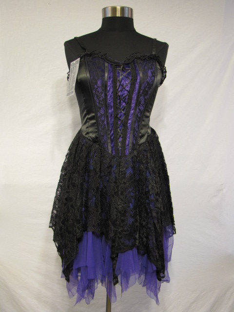 Dark Star Black and Purple Satin Velvet Lace Gothic Mini Dress - Click Image to Close