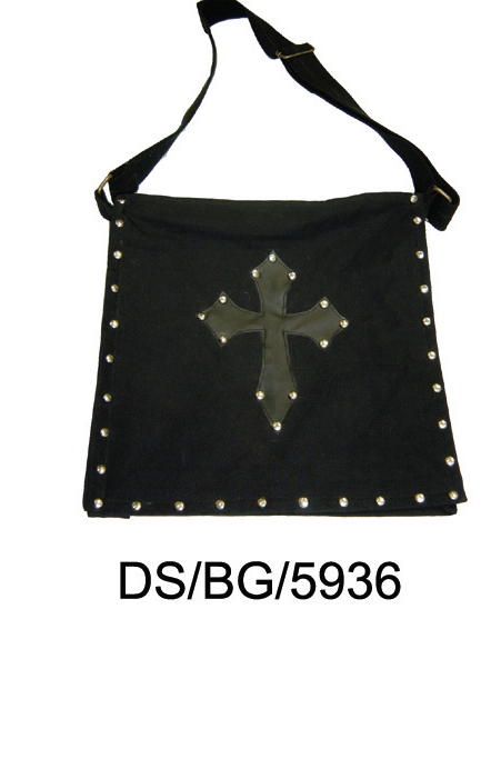 Dark Star Black Stud Cross PVC Canvas Gothic Skull Book Bag - Click Image to Close