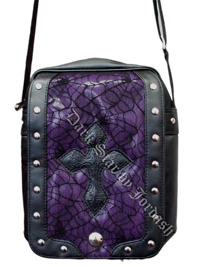 Dark Star PVC Black and Purple Cobweb Cross Shoulder Bag - Click Image to Close