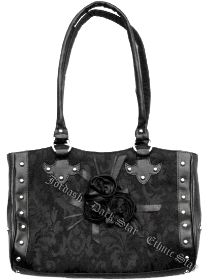 Dark Star Black Gothic Cross Brocade and Roses Hand Bag