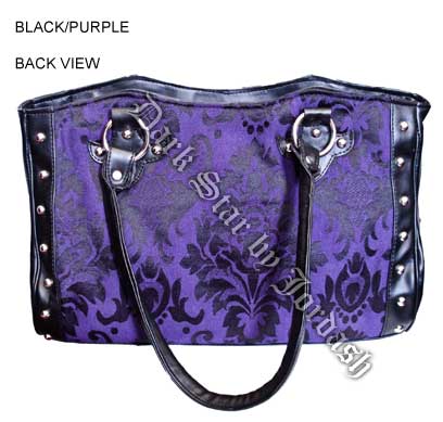 Dark Star Black and Purple Gothic Cross Brocade and Roses Hand Bag - Click Image to Close