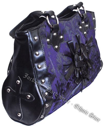 Dark Star Black and Purple Gothic Cross Brocade and Roses Hand Bag - Click Image to Close