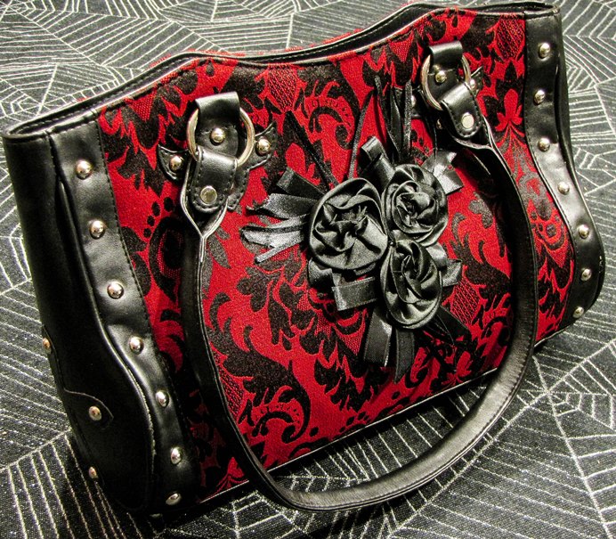 Dark Star Black and Red Gothic Cross Brocade and Roses Hand Bag