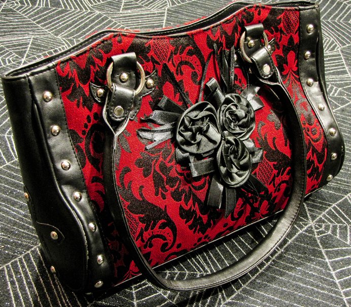 Dark Star Black and Red Gothic Cross Brocade and Roses Hand Bag - Click Image to Close