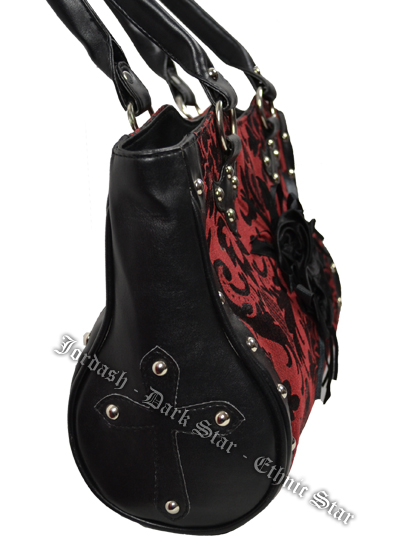 Dark Star Black and Red Gothic Cross Brocade and Roses Hand Bag - Click Image to Close