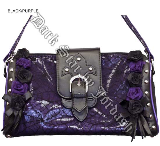Dark Star Black and Purple Gothic Cobweb and Roses PVC Purse - Click Image to Close