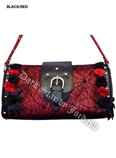 Dark Star Black and Red Gothic Cobweb and Roses PVC Purse - Click Image to Close