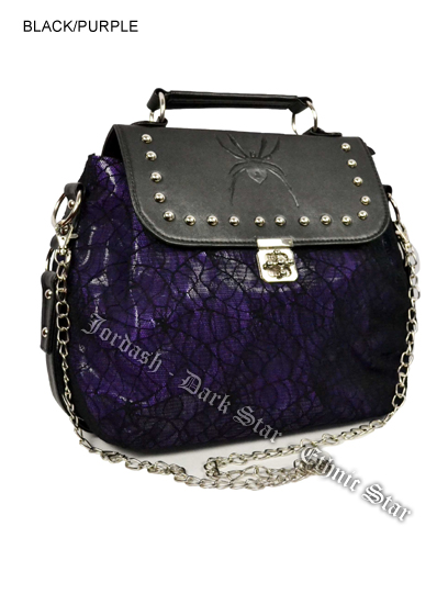 Dark Star Black and Purple Gothic Cobweb and Spider PVC Handbag & Shoulder Purse