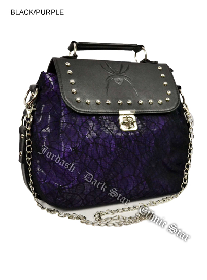 Dark Star Black and Purple Gothic Cobweb and Spider PVC Handbag & Shoulder Purse - Click Image to Close