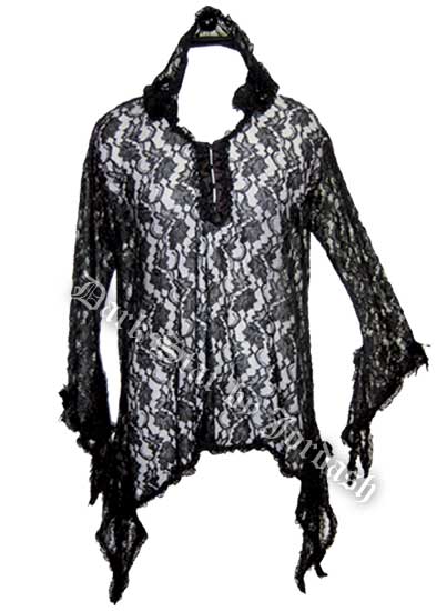 Dark Star Gothic Black Lace Hooded Cape with Rosettes - Click Image to Close