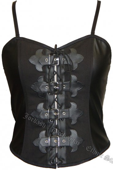 Dark Star Black Gothic Black PVC Basque Buckle Corset Top - Click Image to Close