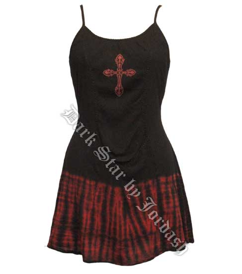 Dark Star Gothic Short Black Red Tie Dye Mini Dress with Cross - Click Image to Close
