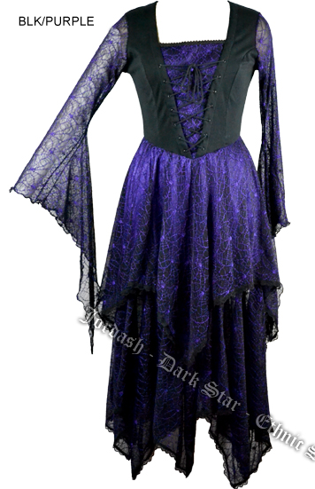 Dark Star Gothic Purple Bellsleeve Lace Cobweb Long Black & Purple Dress - Click Image to Close