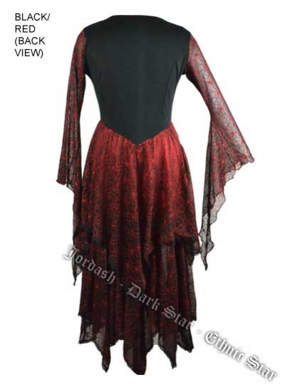 Dark Star Gothic Red Bellsleeve Lace Cobweb Long Black & Red Dress - Click Image to Close