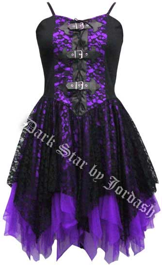 Dark Star Black and Purple Satin Lace PVC Gothic Mini Dress - Click Image to Close