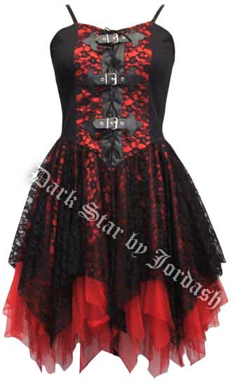 Dark Star Black and Red Satin Lace PVC Gothic Mini Dress - Click Image to Close