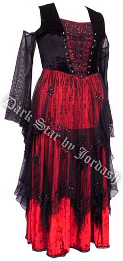 Dark Star Red & Black Velvet Embroidered Sequin Open Shoulder Corset Gothic Dress Gown - Click Image to Close