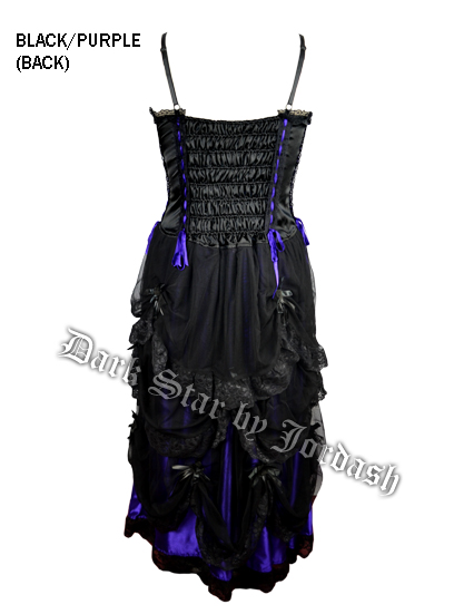 Dark Star Black & Purple Gothic Satin & Lace Ribbon Long Burlesque Corset Dress - Click Image to Close