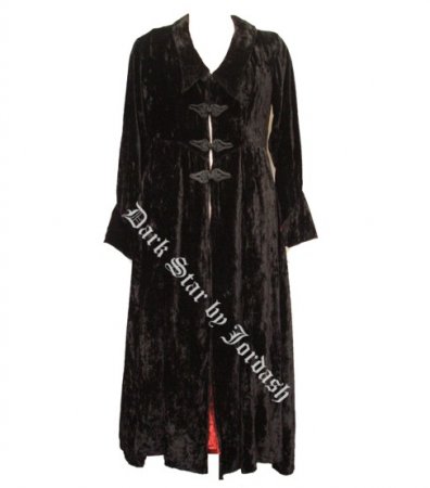 Dark Star Long Black Crushed Velvet Gothic Coat with Red Lining