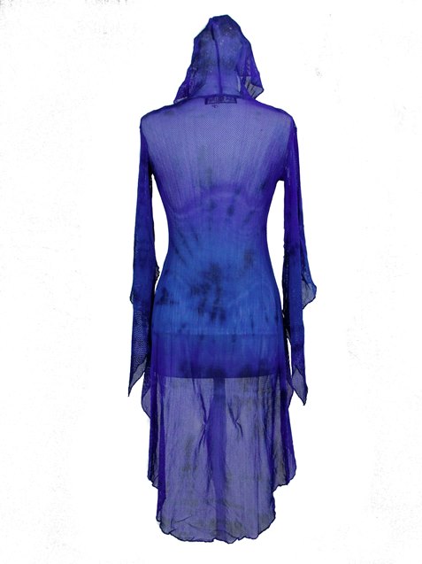 Dark Star Blue & Purple Tie Dye Gothic FishNet Hooded Long Jacket - Click Image to Close