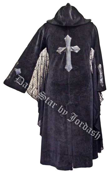 Dark Star Black and Purple Hooded Velvet Coat w Spiderweb Bat Wings - Click Image to Close