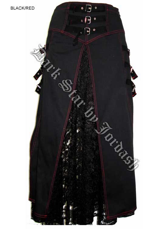 Dark Star Gothic Black and Red Stitch Buckle Lace Skirt - Click Image to Close