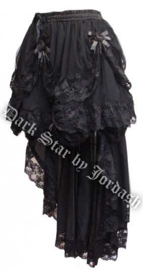 Dark Star Black Gothic Satin Roses Lace Hi Low Skirt - Click Image to Close