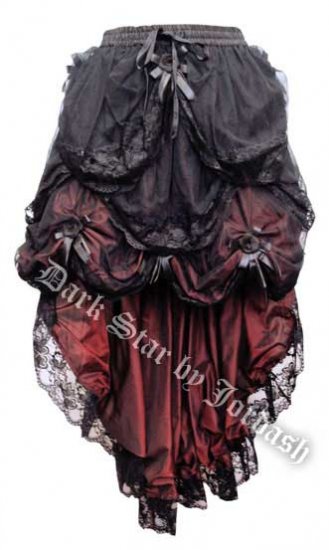 Dark Star Black & Red Gothic Satin Roses Lace Hi Low Skirt - Click Image to Close