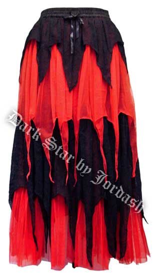 Dark Star Gothic Black & Red Cobweb Lace Spiderweb Multi Tier Long Skirt - Click Image to Close
