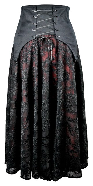 Dark Star Black and Red Cotton Satin Lace Corset Ribbon Gothic Skirt - Click Image to Close