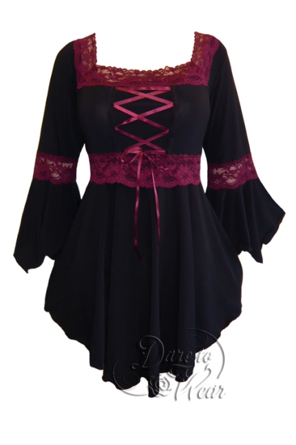 Plus Size Black and Burgundy Gothic Renaissance Lacing up Corset Top