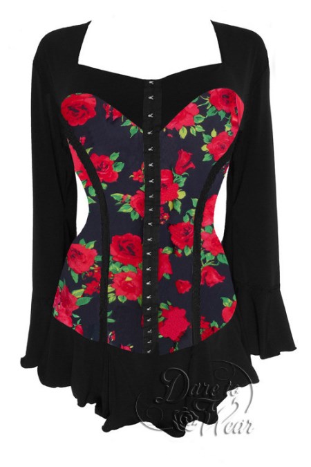 Plus Size Gothic Black & Red Corsetta Top in Red Rose