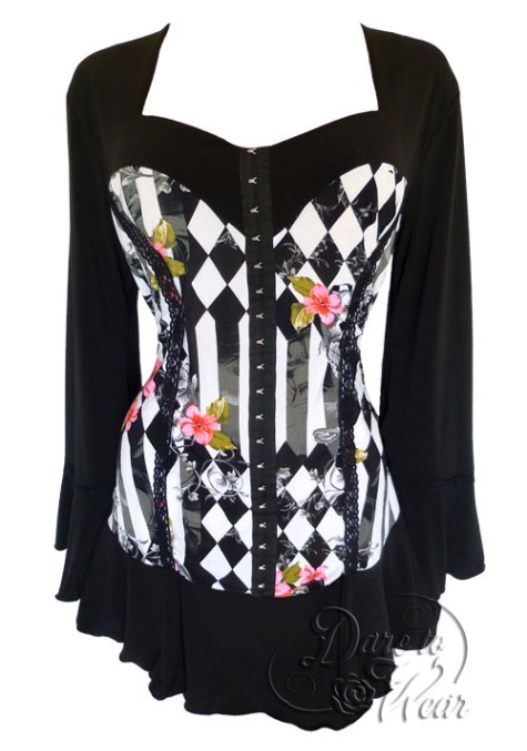 Plus Size Gothic Black & White Checkered Corsetta Top in Wonderland - Click Image to Close