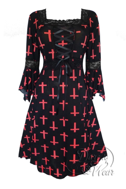 Plus Size Black and Peony Red Cross Belladonna Gothic Renaissance Corset Dress