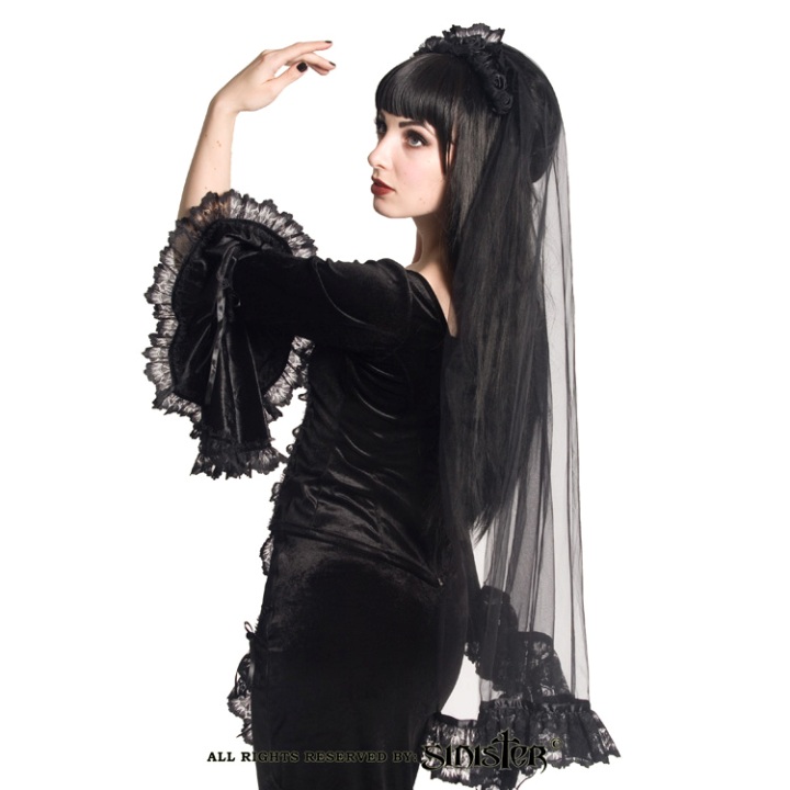 Sinister Gothic Long Black Net Lace Roses Wedding Veil