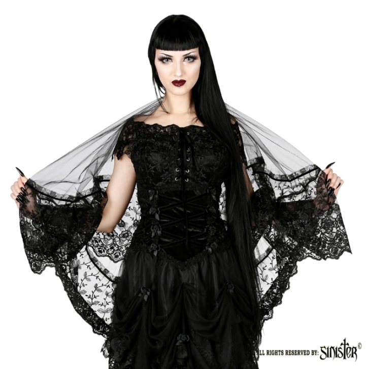 Sinister Gothic Long Black Tulle Wedding Veil w Broad Lace Trim [H021 ...