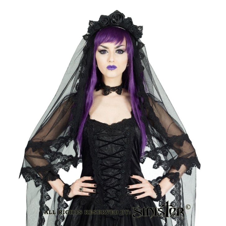 Sinister Gothic Black Layered Venetian Lace Rose Crown Mourning Wedding Veil