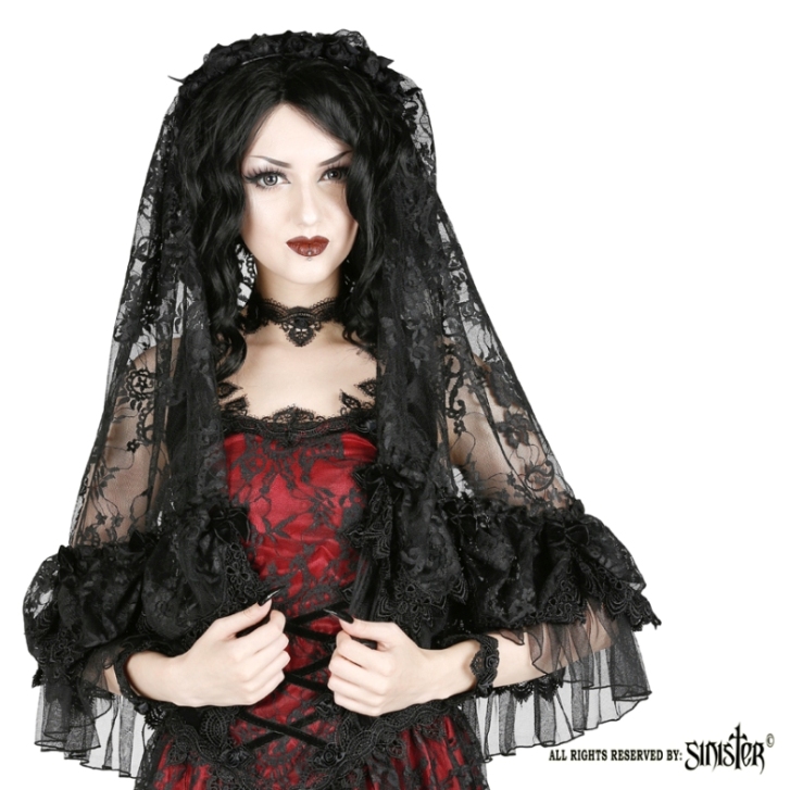 Sinister Gothic Black French Lace Ruffle Soft Mesh & Velvet Bows Wedding Veil