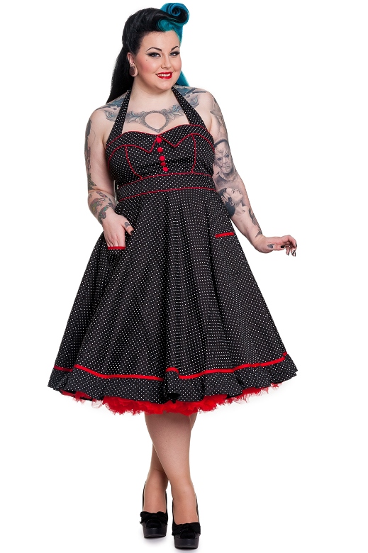 Hell Bunny Plus Rockabilly Love Polka Dot and Red Piping Swing Dress 