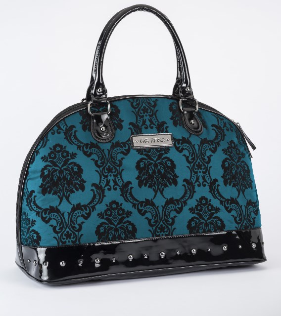 Rock Rebel Large Madame Bayou Blue Victorian Damask Studded Overnight Bag