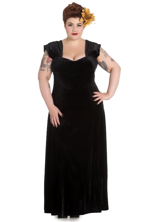 Hell Bunny Plus Size Gothic Long Black Velvet Geraldine Dress - Click Image to Close