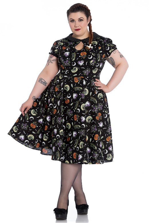 Hell Bunny Plus Size Gothic Halloween Black Cat Salem Witch 50's Dress